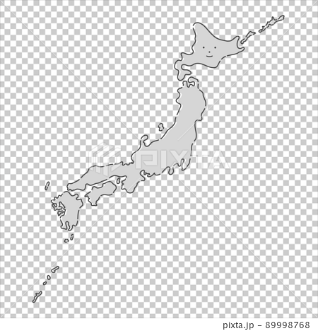かわいい笑顔の手書きの日本地図 薄いグレーのシンプルな日本列島 ゆるい塗りとやわらかな黒線のイラスト素材