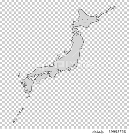 かわいい笑顔の手書きの日本地図 薄いグレーのシンプルな日本列島 ゆるい塗りとやわらかな黒線のイラスト素材