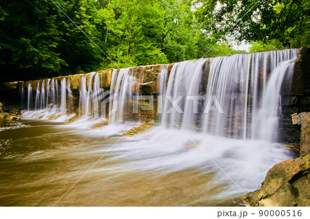 Eye level view of waterfalls flowing over cliff edge into river surrounded by green trees 90000516