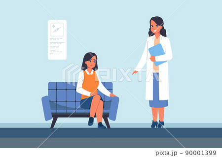People waiting at clinic. Patient visiting doctor. Medical examination. Woman sitting on couch. Medicine and health care. Physician appointment. Vector hospital registration concept 90001399