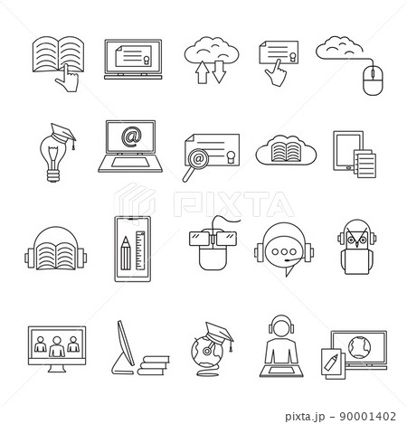 Online education icon. Line symbol of students studying. University or school signs set. Web technology. Laptop and tablet. Teacher and learning webinar. Vector graphic illustration 90001402