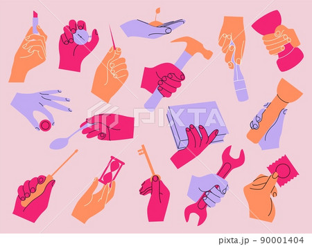 Doodle hands. Minimalistic doodle arms holding different objects. Hammer or wrench in fist. Human body. Stopwatch and key. Lipstick in fingers. Flower on palm. Vector graphic collection 90001404