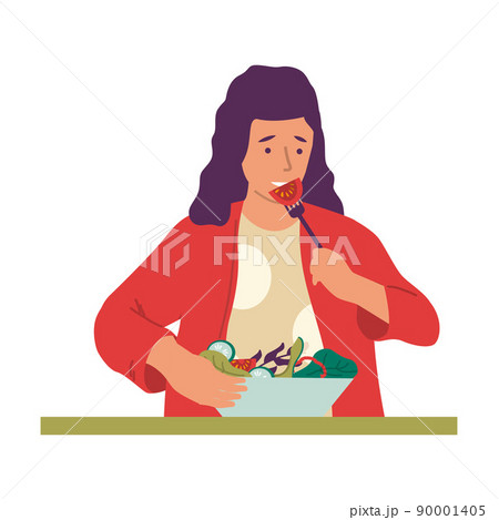 Vegans and organic food. Vegetarians with natural eco meal. Young female eating vegetable salad. Bowl with fresh tomato, cucumber or lettuce. Healthy lifestyle. Vector diet nutrition 90001405