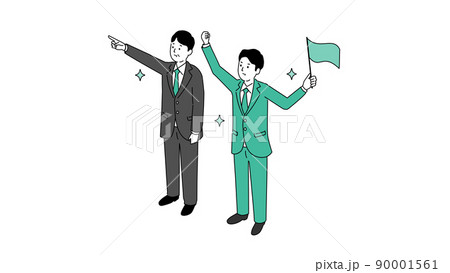 笑顔で指差すスーツの中年男性とビジネスマンのイラスト、ベクター 90001561