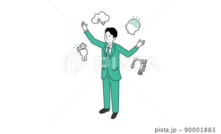 AI・RPA・ロボティクス・クラウドのアイコンとビジネスマンのイラスト、ベクター 90001883