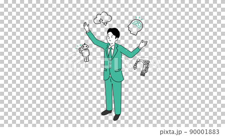 AI・RPA・ロボティクス・クラウドのアイコンとビジネスマンのイラスト、ベクター 90001883