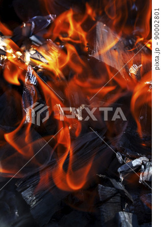 a fire made of logs with a bright flame at a camping while cooking 90002801