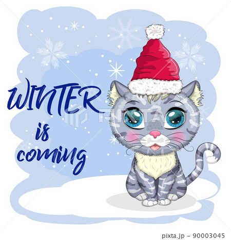 Cute cartoon cat in a Santa hat on a background of snow. Winter 2023, Christmas and Chinese New Year 90003045
