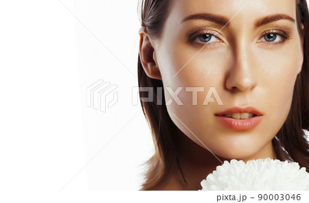 young pretty woman with big white flower closeup isolated on white, hands manicure, spa people concept 90003046