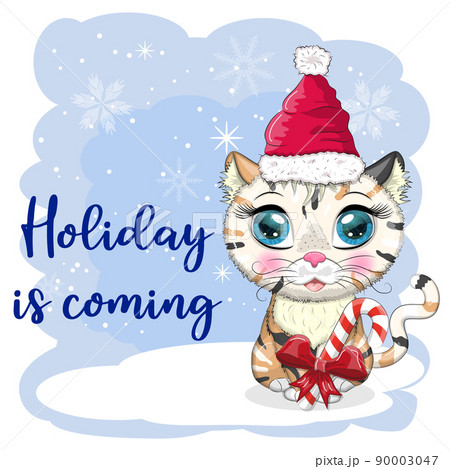 Cute cartoon cat in a Santa hat on a background of snow. Winter 2023, Christmas and Chinese New Year 90003047