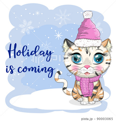 Cute cartoon cat in a Santa hat on a background of snow. Winter 2023, Christmas and Chinese New Year Cute cartoon cat in a Santa hat on a background of snow. Winter 2023, Christmas and Chinese New Year 90003065