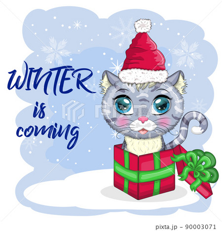 Cute cartoon cat in a Santa hat on a background of snow. Winter 2023, Christmas and Chinese New Year 90003071