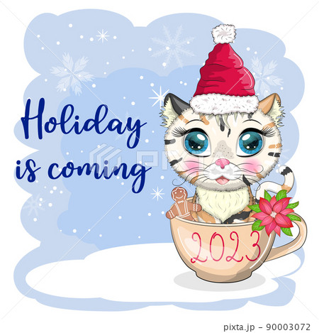 Cute cartoon cat in a Santa hat on a background of snow. Winter 2023, Christmas and Chinese New Year Cute cartoon cat in a Santa hat on a background of snow. Winter 2023, Christmas and Chinese New Year 90003072