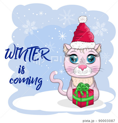 Cute cartoon cat in a Santa hat on a background of snow. Winter 2023, Christmas and Chinese New Year Cute cartoon cat in a Santa hat on a background of snow. Winter 2023, Christmas and Chinese New Year 90003087