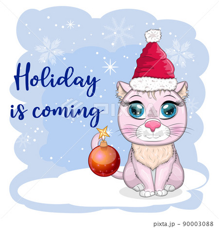 Cute cartoon cat in a Santa hat on a background of snow. Winter 2023, Christmas and Chinese New Year Cute cartoon cat in a Santa hat on a background of snow. Winter 2023, Christmas and Chinese New Year 90003088