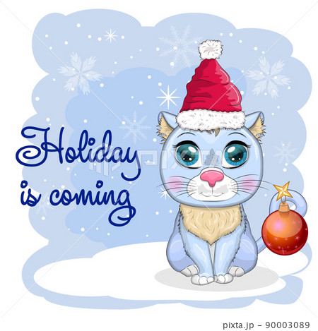 Cute cartoon cat in a Santa hat on a background of snow. Winter 2023, Christmas and Chinese New Year Cute cartoon cat in a Santa hat on a background of snow. Winter 2023, Christmas and Chinese New Year 90003089
