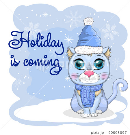 Cute cartoon cat in a Santa hat on a background of snow. Winter 2023, Christmas and Chinese New Year Cute cartoon cat in a Santa hat on a background of snow. Winter 2023, Christmas and Chinese New Year 90003097