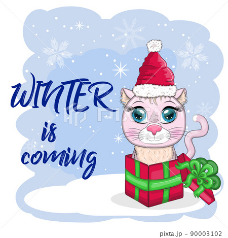 Cute cartoon cat in a Santa hat on a background of snow. Winter 2023, Christmas and Chinese New Year 90003102