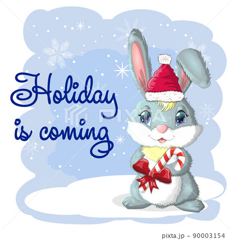 Cute cartoon rabbit in a Santa hat on a background of snow. Winter 2023, Christmas and New Year. Cute cartoon rabbit in a Santa hat on a background of snow. Winter 2023, Christmas and New Year. 90003154