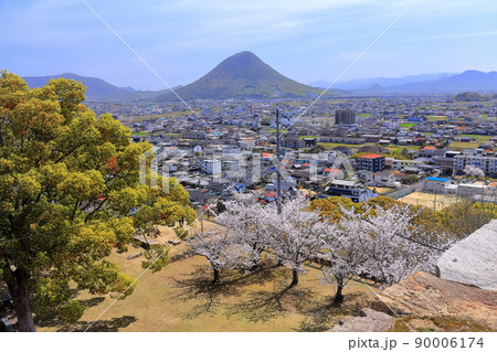 【香川県】桜咲く春の丸亀城より眺める丸亀市の町並みと飯野山(讃岐富士) 【香川県】桜咲く春の丸亀城より眺める丸亀市の町並みと飯野山(讃岐富士) 90006174