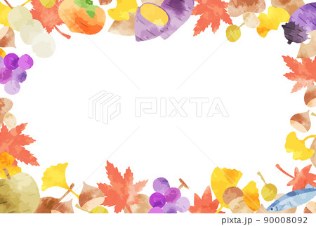 綺麗な手描きの秋の味覚と植物のフレームイラストのイラスト素材
