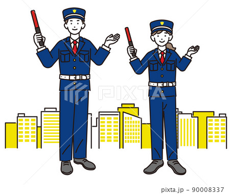 ビルと男女の警備員のベクターイラスト素材／ガードマン／交通誘導／ビル 90008337