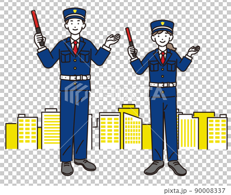 ビルと男女の警備員のベクターイラスト素材／ガードマン／交通誘導／ビル 90008337