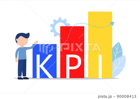 KPI, Key Performance Indicator concept, BusinessMan and cube text KPI, worker performance, performance results, Staff management, business goals, measure success, Flat vector illustration. 90008413