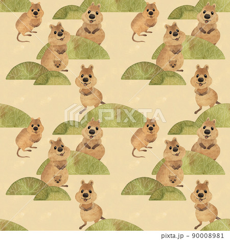 Seamless pattern cute hand drawn watercolor smiling australian quokka Seamless pattern cute hand drawn watercolor smiling australian quokka 90008981