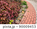 Cobblestone stone sidewalk with flower bed. Landscaping of town, ensuring safety of pedestrians. Accessible environment and environmental friendliness of city. Old cobblestones form atmosphere of 90009453