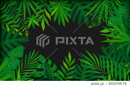 Tropical dense foliage trendy banner card dark flat style. Luxury background elite black screen saver template promotional organic exotic cosmetics. Themed party invitation card beauty salon visit 90009676