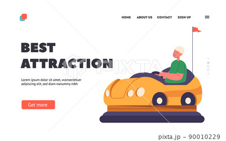 rest Attraction Landing Page Template. Kid Riding Electric Automobile, Bumper Car in Amusement Park. Funfair or Carnival 90010229