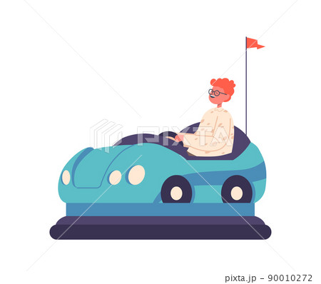 Boy Driving Bumper Car, Isolated Kid Riding Blue Electric Automobile, Attraction in Amusement Park. Child at Carnival 90010272