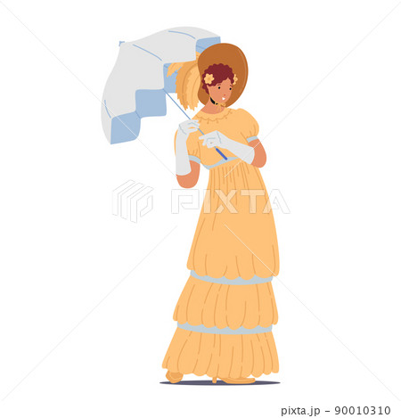 19th Century Lady Wear Elegant Gown, Umbrella and Hat Isolated on White Background. Victorian English or French Woman 19th Century Lady Wear Elegant Gown, Umbrella and Hat Isolated on White Background. Victorian English or French Woman 90010310