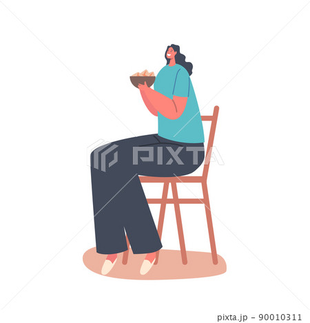Female Character Holding Bowl with Food in Hands Isolated on White Background. Woman on Diet, Hungry Girl Having Dinner Female Character Holding Bowl with Food in Hands Isolated on White Background. Woman on Diet, Hungry Girl Having Dinner 90010311