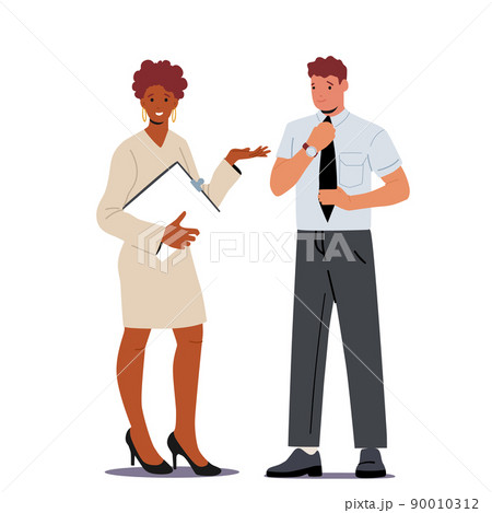 Business Characters Man and Woman Wear Formal Suits and Holding Clipboard Communicate Isolated on White Background Business Characters Man and Woman Wear Formal Suits and Holding Clipboard Communicate Isolated on White Background 90010312