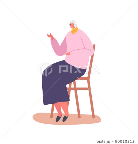 Senior Smiling Lady Sitting on Chair at Home, Old Female Character Having Leisure, Sparetime, Relaxing or Chatting 90010313