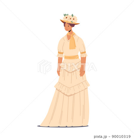 Pretty Vintage Woman, Beautiful 19th Century Lady Wear Elegant Gown and Hat Isolated on White Background 90010319