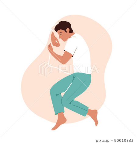 Dreamy Male Character Sleeping in Relaxed Pose Lying on Bed and Hugging Pillow Top View. People Bedding Time Dreamy Male Character Sleeping in Relaxed Pose Lying on Bed and Hugging Pillow Top View. People Bedding Time 90010332