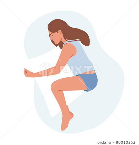 Night Rest and Bedding Time Concept. Woman in Pajama Sleep on Bed Lying Side with Pillow between Legs. Girl Sleeping Night Rest and Bedding Time Concept. Woman in Pajama Sleep on Bed Lying Side with Pillow between Legs. Girl Sleeping 90010352