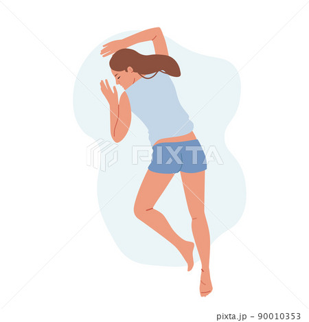Young Woman Wear Pajama Sleep or Nap on Bally, Female Character Sleeping Pose in Bed Top View. Night Dream, Relaxation Young Woman Wear Pajama Sleep or Nap on Bally, Female Character Sleeping Pose in Bed Top View. Night Dream, Relaxation 90010353
