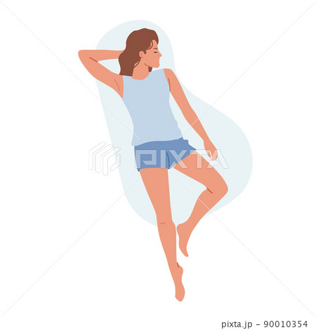 Female Character Sleeping Pose Lying on Back in Bed with Arm under Head Top View. People Night Relaxation Female Character Sleeping Pose Lying on Back in Bed with Arm under Head Top View. People Night Relaxation 90010354