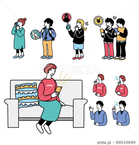 スマートフォンを使う人々のシンプルなイラスト 90010689