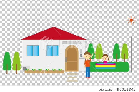 Illustration of a mother watching over a girl playing in the pool at home in her garden ・ Summer vacation lifestyle ・ Playing in the water 90011843