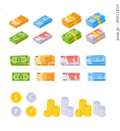 Set of Money, Banknotes and Coins Piles and Stacks. Dollar, Euro, Pound Sterling and Ruble Bills. Investment, Earnings Set of Money, Banknotes and Coins Piles and Stacks. Dollar, Euro, Pound Sterling and Ruble Bills. Investment, Earnings 90011854