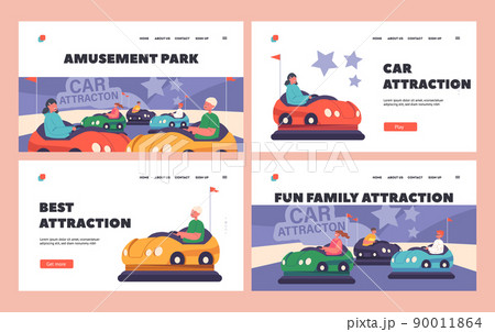 Amusement Park Attractions Landing Page Template Set. Children Fun at Bumper Car on Funfair or Carnival Entertainment Amusement Park Attractions Landing Page Template Set. Children Fun at Bumper Car on Funfair or Carnival Entertainment 90011864