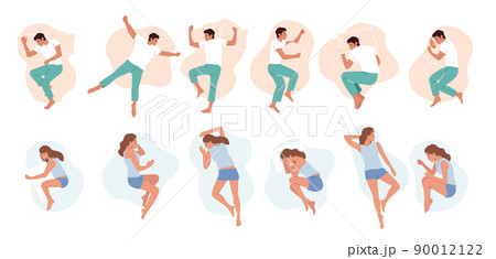 Set of Men and Women Sleeping Poses, People Lying in Bed Top View. Nighttime Relaxation, Characters Wear Pajama Set of Men and Women Sleeping Poses, People Lying in Bed Top View. Nighttime Relaxation, Characters Wear Pajama 90012122