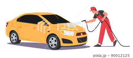 Car Wash Service Concept. Worker Character Wearing Uniform Clean Automobile Pouring Water from High Pressure Jet 90012125