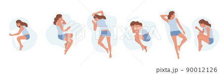 Set Female Character Sleeping Poses, Girl Lying in Bed in Various Comfortable Positions Top View. Woman Sleep, Bedtime 90012126
