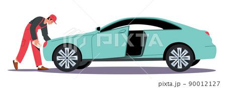 Car Wash Service Worker Character Wearing Uniform Washing and Cleaning Automobile with Sponge, Polishing Car Body 90012127